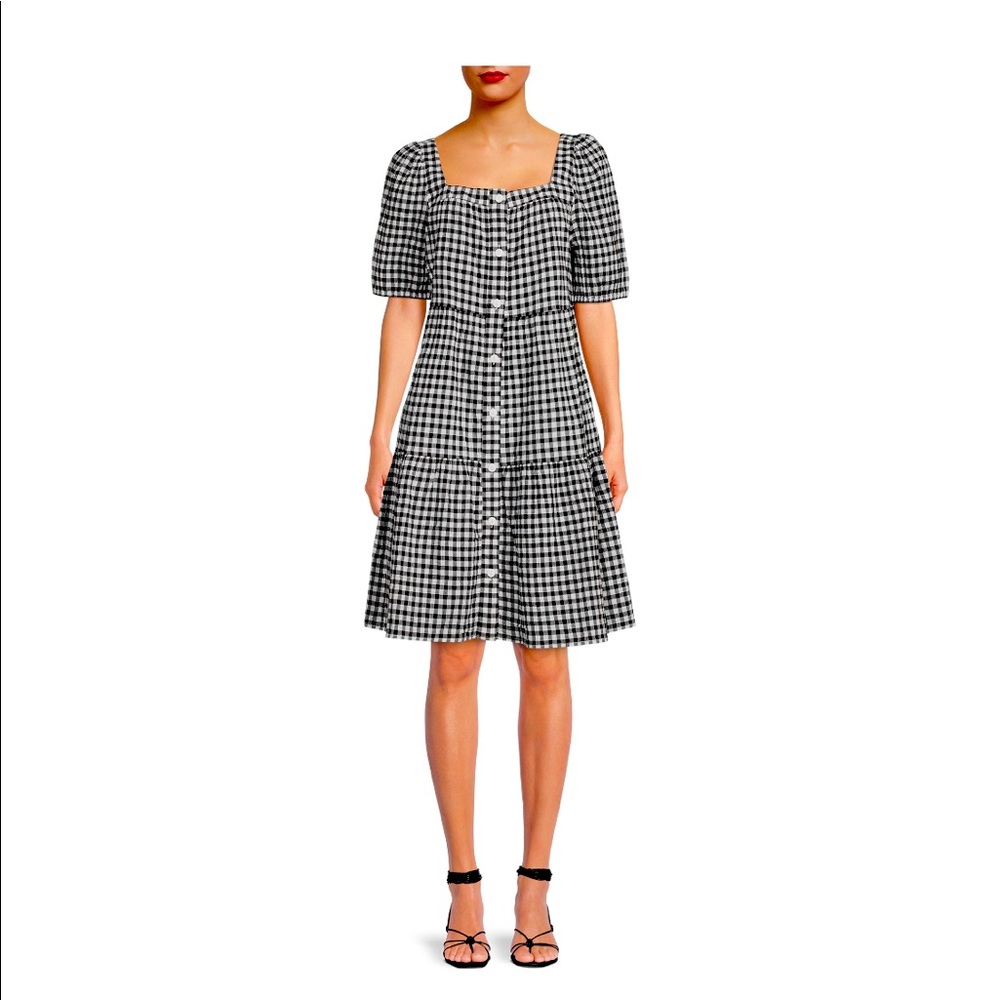 Beachlunchlounge black and white gingham checked puff sleeved dress NWT
